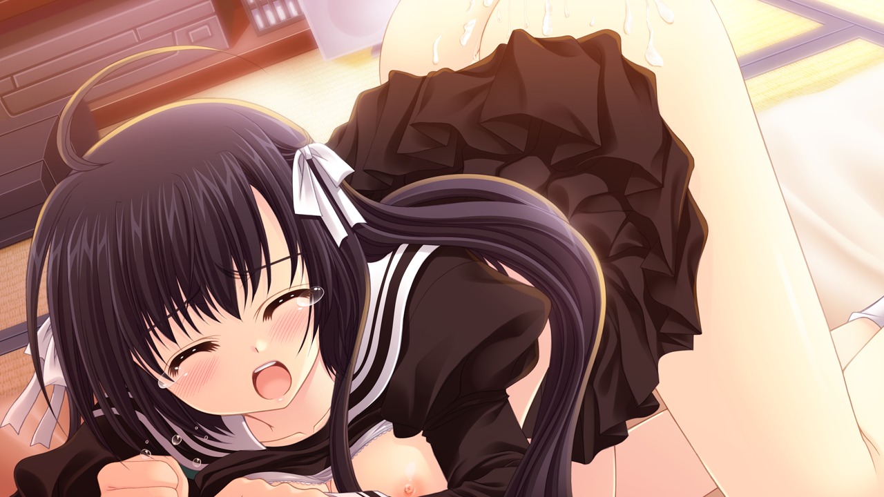 bed black_hair bra breasts cum female game_cg hananomiya_ako long_hair nipples nishimata_aoi open_clothes open_shirt rule34 seifuku sekai_seifuku_kanojo sex shirt tear underwear
