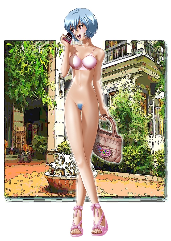 1girls blue_hair bra breasts casual clothing female human medium_breasts navel neon_genesis_evangelion nonsexual nonsexual_nudity open_mouth pale_skin pubic_hair red_eyes rei_ayanami rule34 short_hair tagme