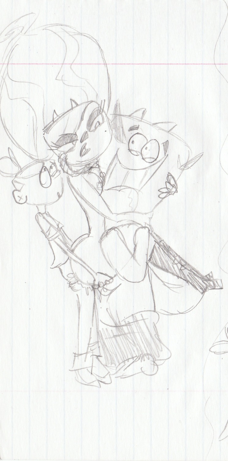 anal ass ass_grab beauty_mark beezy_heinous big_ass boots breast_squish breasts carrying clothes double_penetration eyelashes female grin horns human jez jimmy_two-shoes jimmy_two-shoes_(character) knee_boots long_hair male mole monochrome monster monster_girl necktie pants_down pussy rule34 sex sketch straight t-shirt thick_lips threesome vaginal_penetration