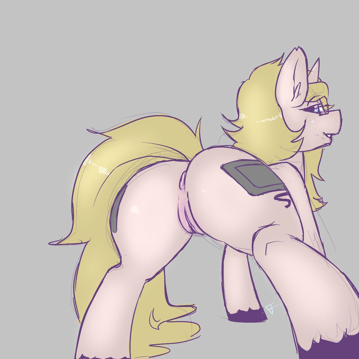 1:1 2013 anus blonde_hair blue_eyes butt cutie_mark e621 equid equine fan_character female feral genitals hair hasbro hi_res horn looking_at_viewer looking_back mammal my_little_pony mythological_creature mythological_equine mythology nude presenting presenting_hindquarters presenting_vulva quadruped simple_background solo tail terrabutt unicorn vulva