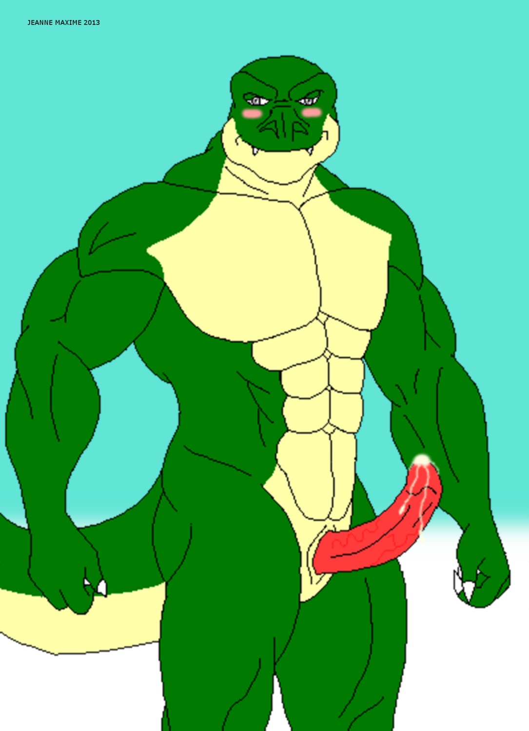 2013 abs animal_genitalia anthro athletic balls biceps big_penis biped blush bodily_fluids claws cum dinosaur dripping e621 erection fangs genital_fluids genital_slit genitals green_body green_skin grey_eyes grin hi_res leaking looking_at_viewer male maxime-jeanne muscular muscular_anthro nude pecs penis pose precum prehistoric_species presenting red_penis reptile saurischian scales scalie sheath smile solo standing tail teeth theropod thomas_carter tyrannosaurid tyrannosauroid tyrannosaurus tyrannosaurus_rex vein yellow_body yellow_skin