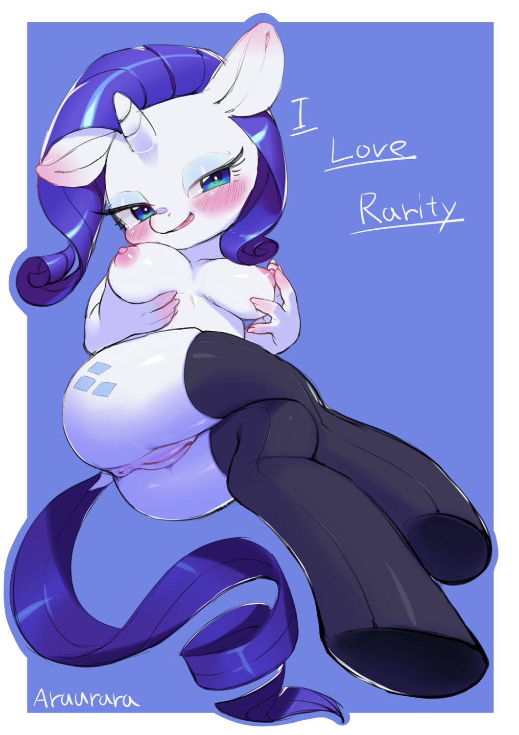 2013 absurd_res anthro anthrofied anus aruurara biped blue_eyes blue_eyeshadow blush breasts butt cutie_mark e621 english_text equid equine eyeshadow feet female friendship_is_magic full-length_portrait fur genitals hair hasbro hi_res hindpaw holding_breast hooves horn makeup mammal my_little_pony mythological_creature mythological_equine mythology nipples paws portrait purple_hair rarity_(mlp) solo text unicorn vulva white_body white_fur