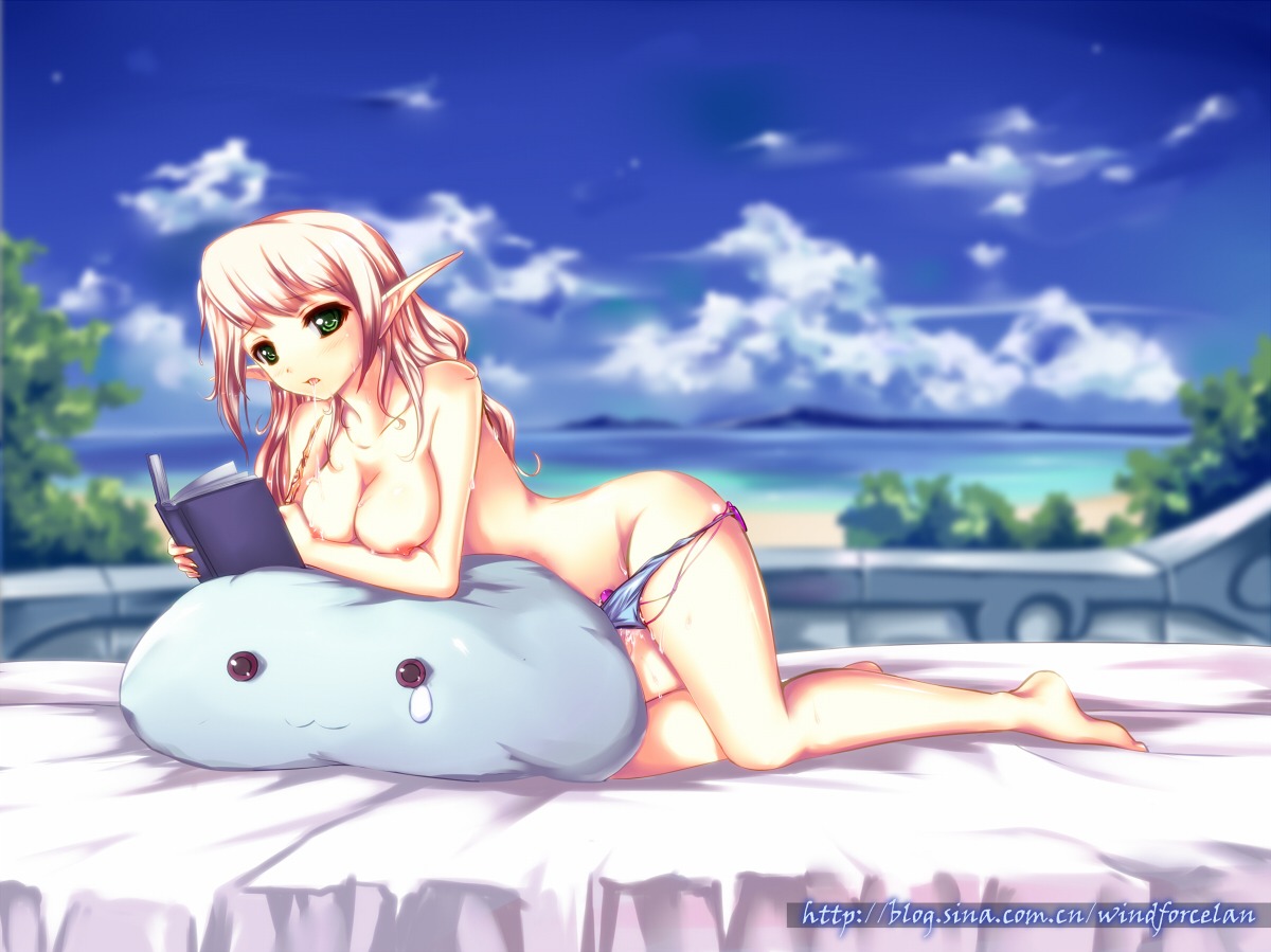 1girls bikini_bottom blonde_hair blush book breasts copyright_request elf female green_eyes pointy_chin pointy_ears rule34 solo topless vibrator windforcelan