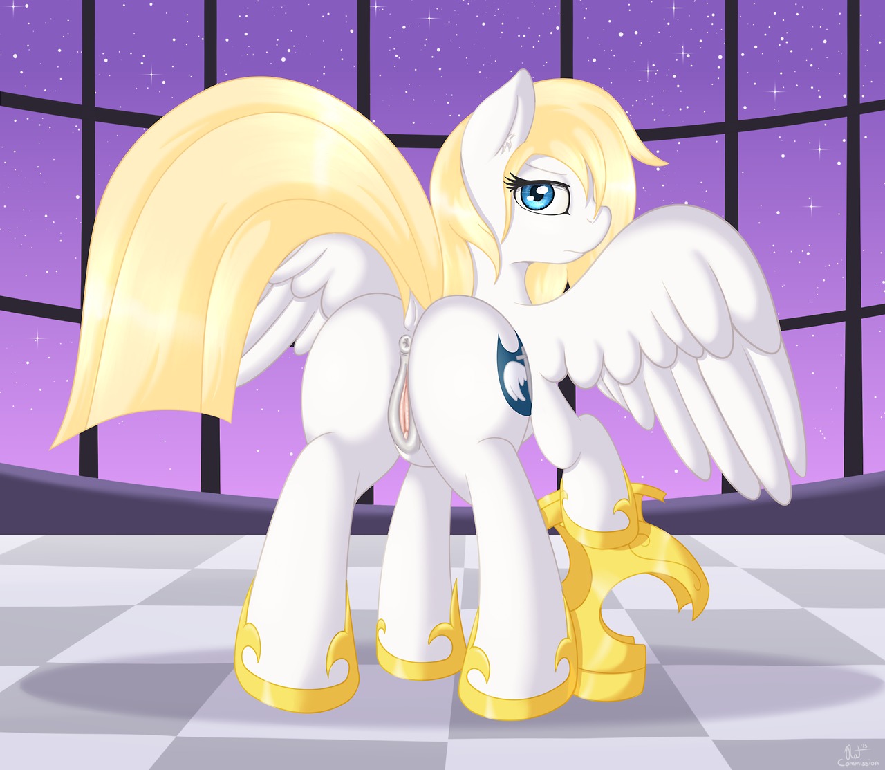 anatomically_correct anatomically_correct_genitalia anatomically_correct_vulva animal_genitalia animal_vulva anus armor blonde_hair blue_eyes butt cutie_mark digital_media_(artwork) e621 equid equine equine_genitalia equine_vulva feathered_wings feathers female feral genitals hair hasbro headgear helmet looking_at_viewer looking_back mammal my_little_pony mythological_creature mythological_equine mythology nude pegasus presenting presenting_hindquarters presenting_vulva quadruped ratofdrawn rear_view solo star tail vulva wings