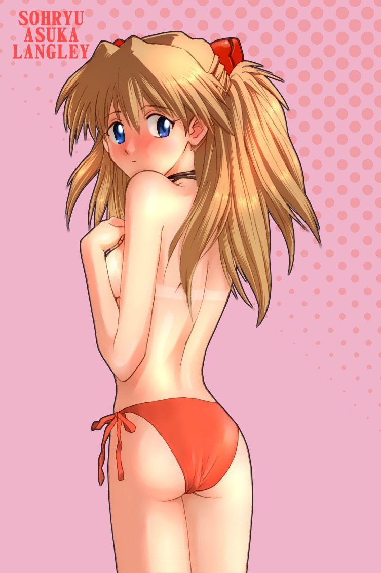 ass asuka_langley_sohryu blonde_hair blue_eyes blush breasts female hair kikumaru_bunta long_hair looking_back neon_genesis_evangelion rule34 sideboob small_breasts swimsuit tanline