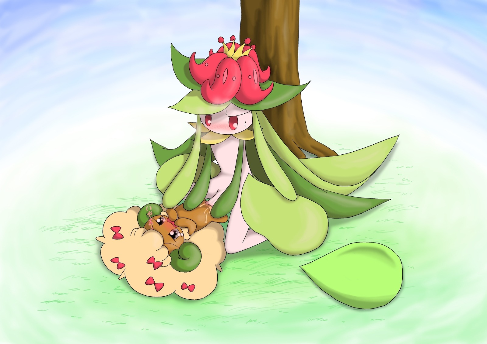 beige_hair blush bow brown_skin color cum cum_in_pussy cum_inside day erection female feral flower grass green_skin grey_eyes horns insertion interspecies japanese_text kneeling leaf lilligant long_hair looking_at_another lying male nude on_back open_eyes open_mouth outdoors penis pokemon pussy red_eyes rule34 rule_63 sex size_difference straight sweat tear text tree vaginal_insertion whimsicott white_skin