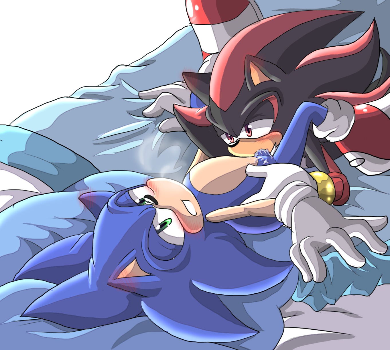 angelofhapiness anthro bed black_body black_fur black_hair black_nose blue_body blue_hair blush bodily_fluids chest_tuft clothing cum cum_in_mouth cum_inside duo e621 eulipotyphlan fellatio footwear fur furniture genital_fluids genitals gloves green_eyes hair handwear hedgehog hi_res lying male male/male male_penetrated male_penetrating male_penetrating_male mammal oral oral_penetration orgasm penetration penile penis ring sega sex shadow_the_hedgehog shoes sonic_the_hedgehog sonic_the_hedgehog_(series) tuft