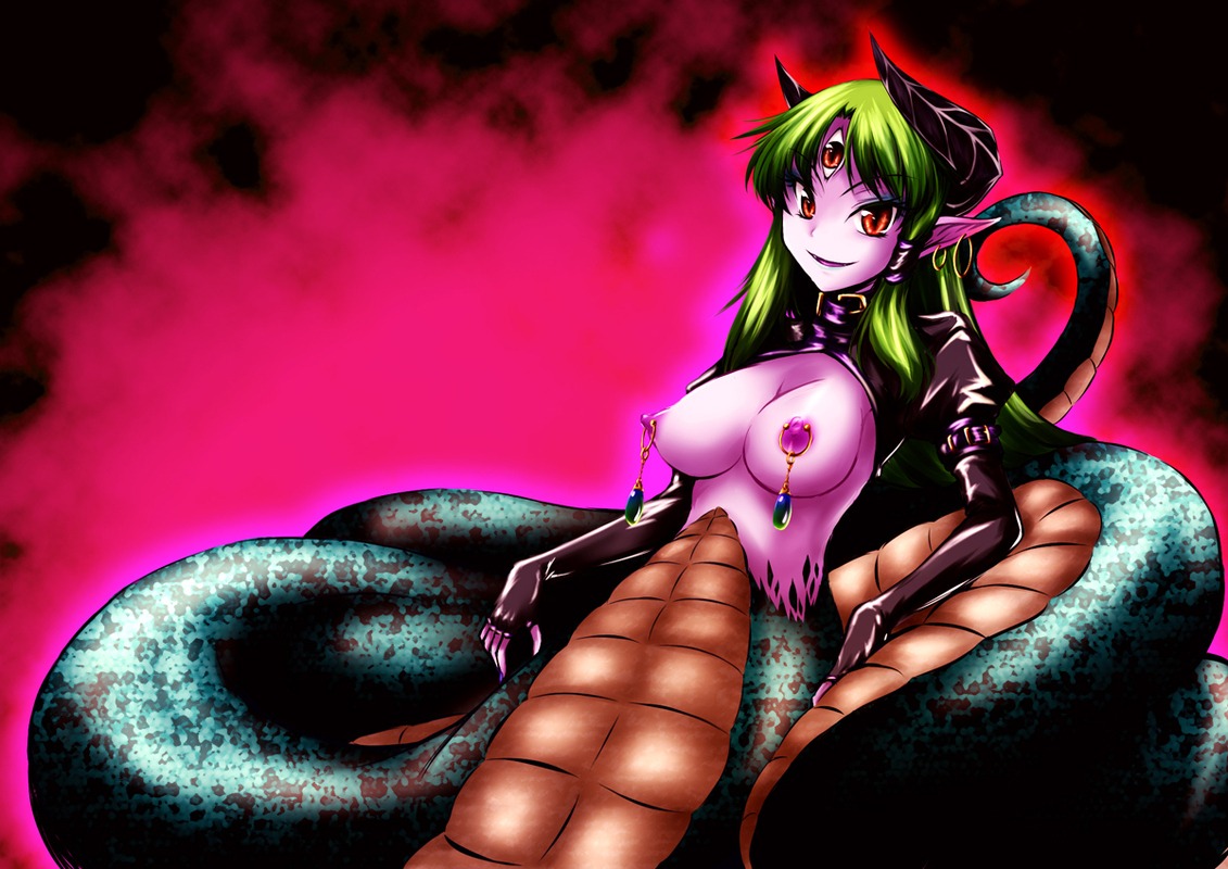 alternate_costume breasts cover dark_persona earrings fangs female female_only fingerless_gloves gloves green_hair highres horns jewelry lamia monster_girl naga nipple_piercing nipples piercing pointy_ears red_eyes rule34 sanae_kochiya smile solo touhou yuzu_momo