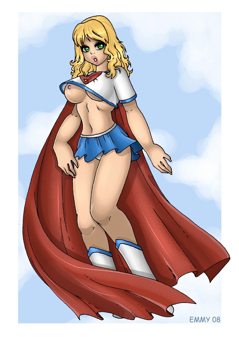 1girls 2008 blonde_hair breasts cuteemmy dc dc_comics female female_only green_eyes linda_danvers long_hair nipples open_mouth panties rule34 signature solo supergirl superman_(series) text