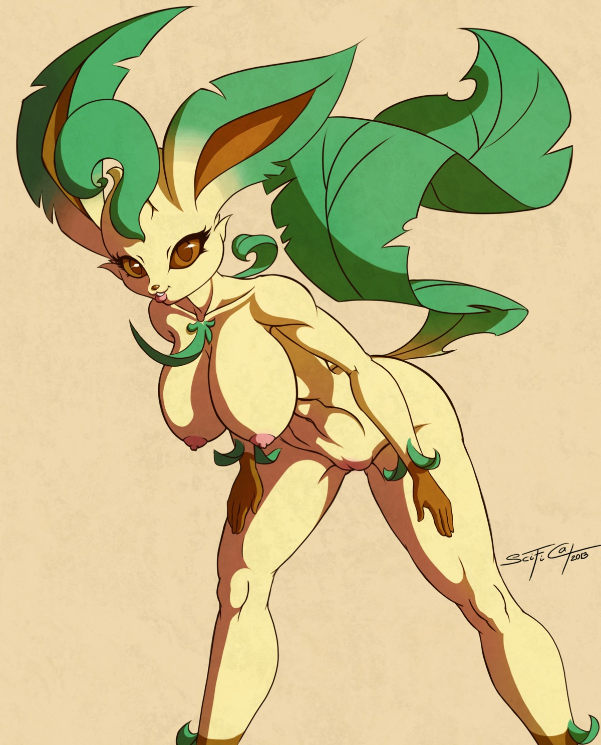 2013 4_fingers anthro anthrofied bent_over big_breasts blush breasts brown_body brown_fur brown_nose brown_skin canid canine e621 eeveelution eyelashes female fingers fur generation_4_pokemon genitals hair happy hi_res huge_breasts leaf leafeon long_hair looking_at_viewer mammal nintendo nipples nude open_mouth pokemon pokemon_(species) pokemorph scificat simple_background smile solo spread_legs spreading tail tan_background teeth vulva yellow_body yellow_fur