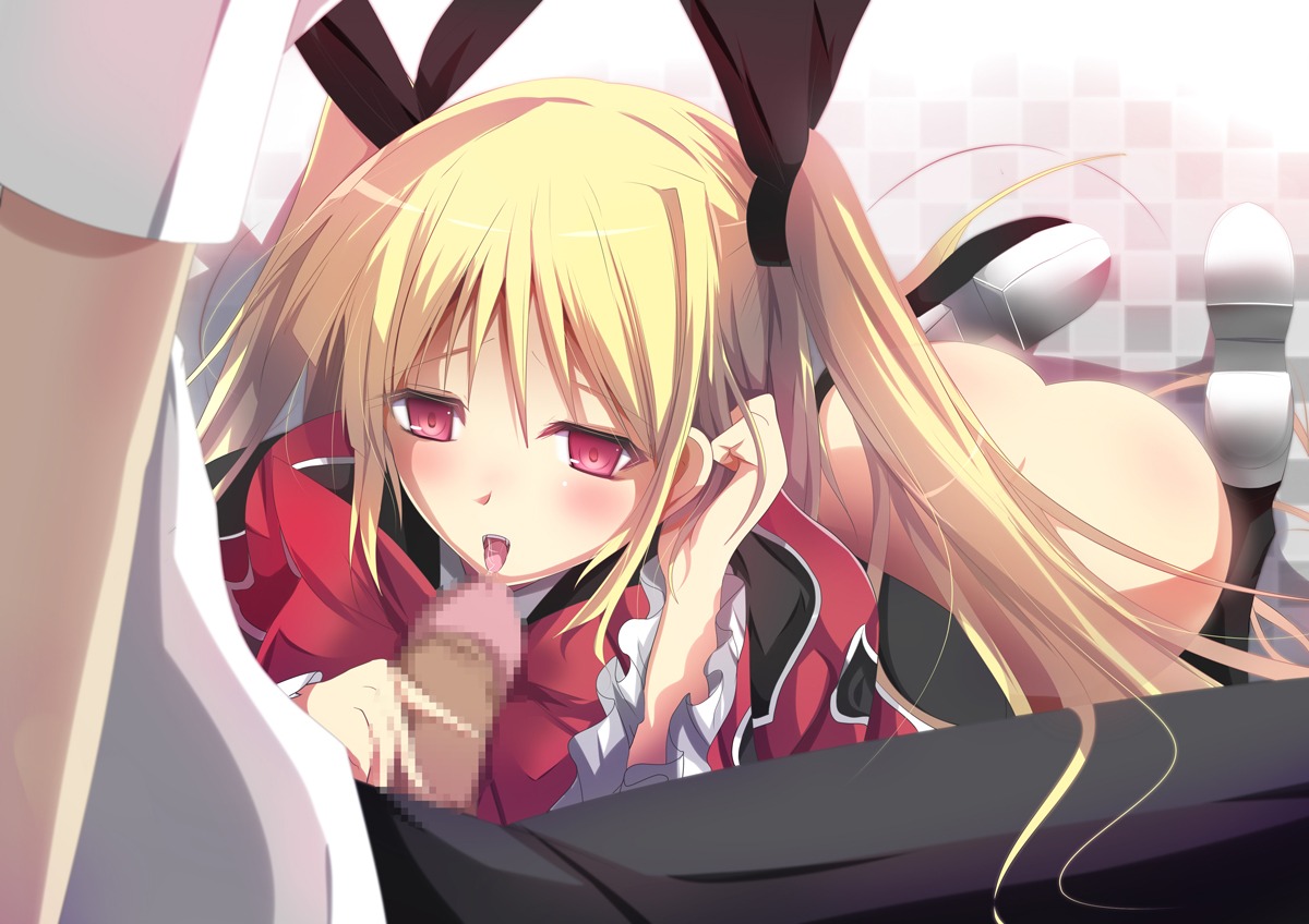 adjusting_hair ass blazblue blonde_hair blush censored daiaru fellatio female hair_ribbon kneeling long_hair male no_panties open_mouth oral penis rachel_alucard red_eyes ribbon rule34 saliva shoes teeth tied_hair tongue twintails vampire