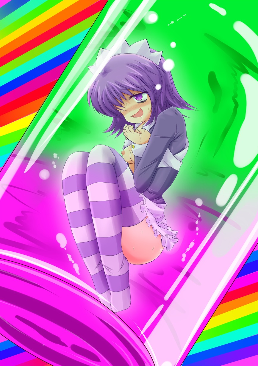1girls 2chan ass blush breasts female nijiura_maids open_mouth purple_eyes purple_hair rule34 short_hair striped_thighhighs yakui
