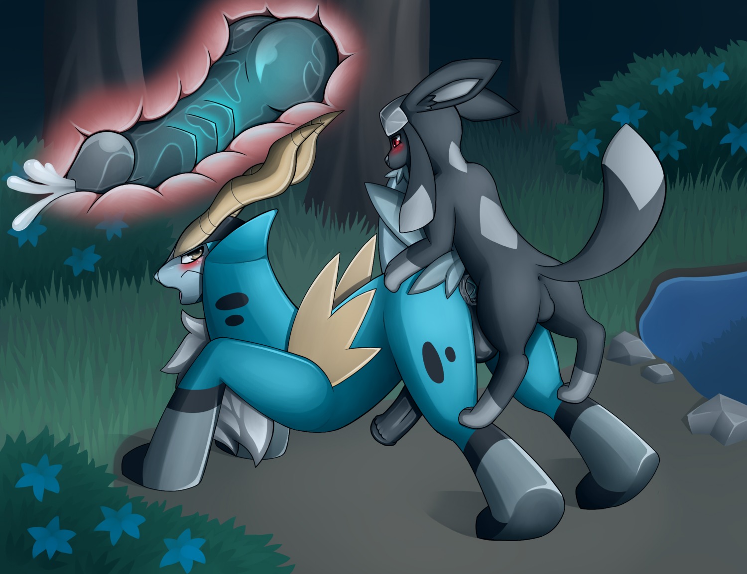 all_fours alternate_color anal anal_knotting anal_penetration animal_genitalia animal_penis backsack balls bent_over bite blush bodily_fluids butt canine_genitalia canine_penis cobalion cum cum_inside dark detailed_background doggystyle duo e621 eeveelution equine_genitalia equine_penis erection fan_character feral feral_on_feral flower from_behind_position generation_4_pokemon generation_5_pokemon genital_fluids genitals glaceon grass hi_res horn internal knot knotting lake larger_penetrated larger_sub legendary_pokemon looking_back male male/male male_penetrated male_penetrating male_penetrating_male mammal natetheglaceon nature night nintendo orgasm outside paws penetration penis perching_position plant pokemon pokemon_(species) red_eyes rock sex shrub size_difference submissive tree zeonart