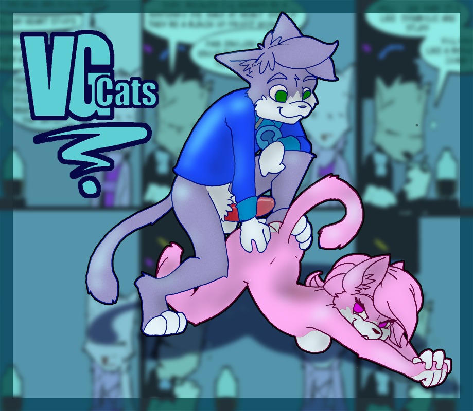 aeris_(vg_cats) anthro balls breasts butt challen clothing collar countershading domestic_cat duo e621 erection felid feline felis female fur genitals green_eyes hair leo_(vg_cats) looking_back male male/female mammal nude penis pink_body pink_fur pink_hair raised_tail smile spread_legs spreading tail teasing vg_cats