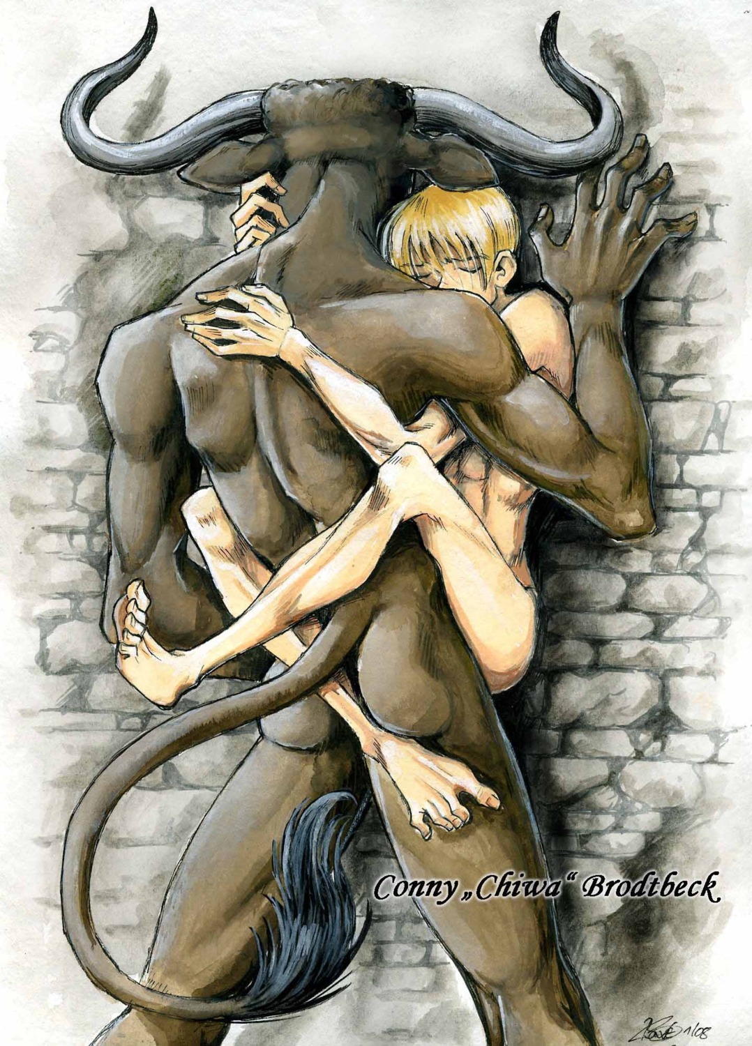2008 against_surface against_wall anal anal_penetration anthro anthro_penetrating anthro_penetrating_human biped blonde_hair bovid bovine butt conny_brodtbeck connychiwa crossed_legs dominant duo e621 european_mythology eyes_closed fantasy greek_mythology hair hi_res horn human human_on_anthro human_penetrated interspecies larger_anthro larger_dom larger_male leg_wrap male male/male male_penetrated male_penetrating male_penetrating_male mammal minotaur mixed_media muscular mythology nude painting_(artwork) paws pen_(artwork) penetration sex signature size_difference slim smaller_human smaller_male stand_and_carry_position standing standing_sex tail toony traditional_media_(artwork) traditional_painting_(artwork) traditional_watercolor_(artwork) watercolor_(artwork)