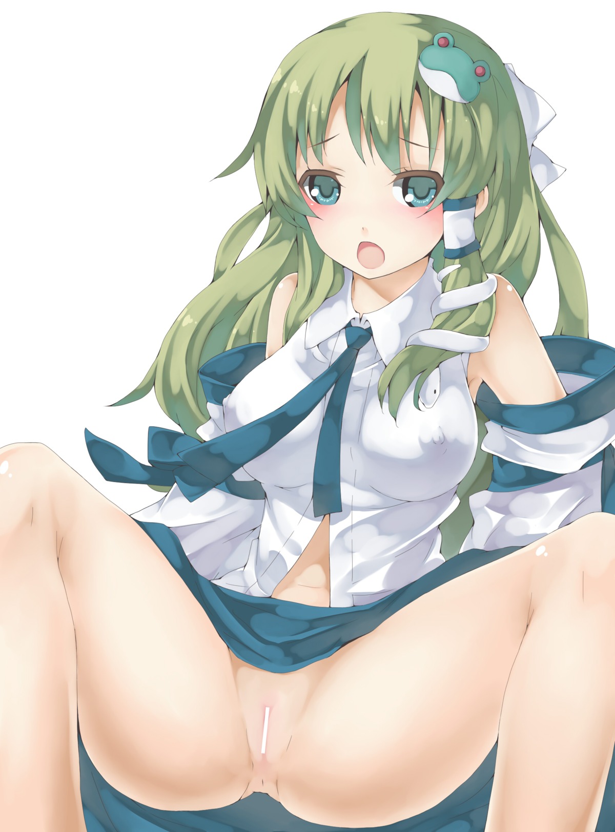 arutoria blush censored erect_nipples female green_eyes green_hair hair_ornament highres long_hair nipples no_panties pussy rule34 sanae_kochiya skirt skirt_lift solo spread_legs touhou