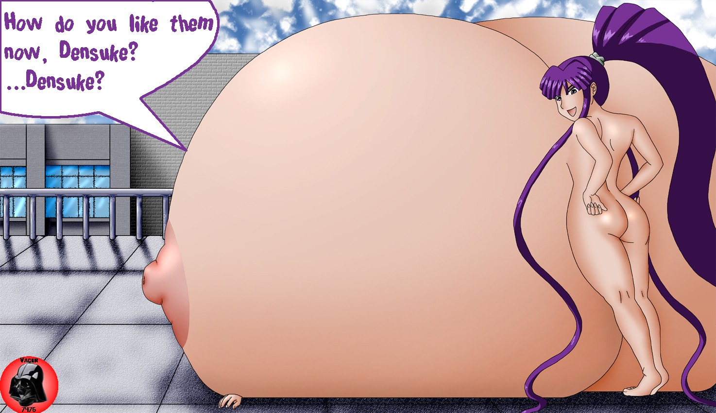 ass big_ass breasts breasts_bigger_than_body breasts_bigger_than_head breasts_bigger_than_torso buried_under_breasts dialogue eiken female huge_breasts hyper hyper_breasts kirika_misono nude ponytail purple_hair rule34 smothering solo_focus speech_bubble squish tagme text