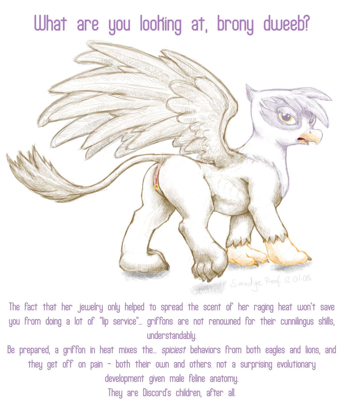 2012 amber_eyes anus avian beak clitoris clitoris_piercing digital_drawing_(artwork) digital_media_(artwork) e621 english_text feathered_wings feathers female feral friendship_is_magic genital_piercing genitals gilda_(mlp) gryphon hasbro hi_res imminent_rape imminent_sex looking_at_viewer monochrome my_little_pony mythological_avian mythological_creature mythology piercing smudge_proof solo tail text vulva vulva_piercing wing_boner wings
