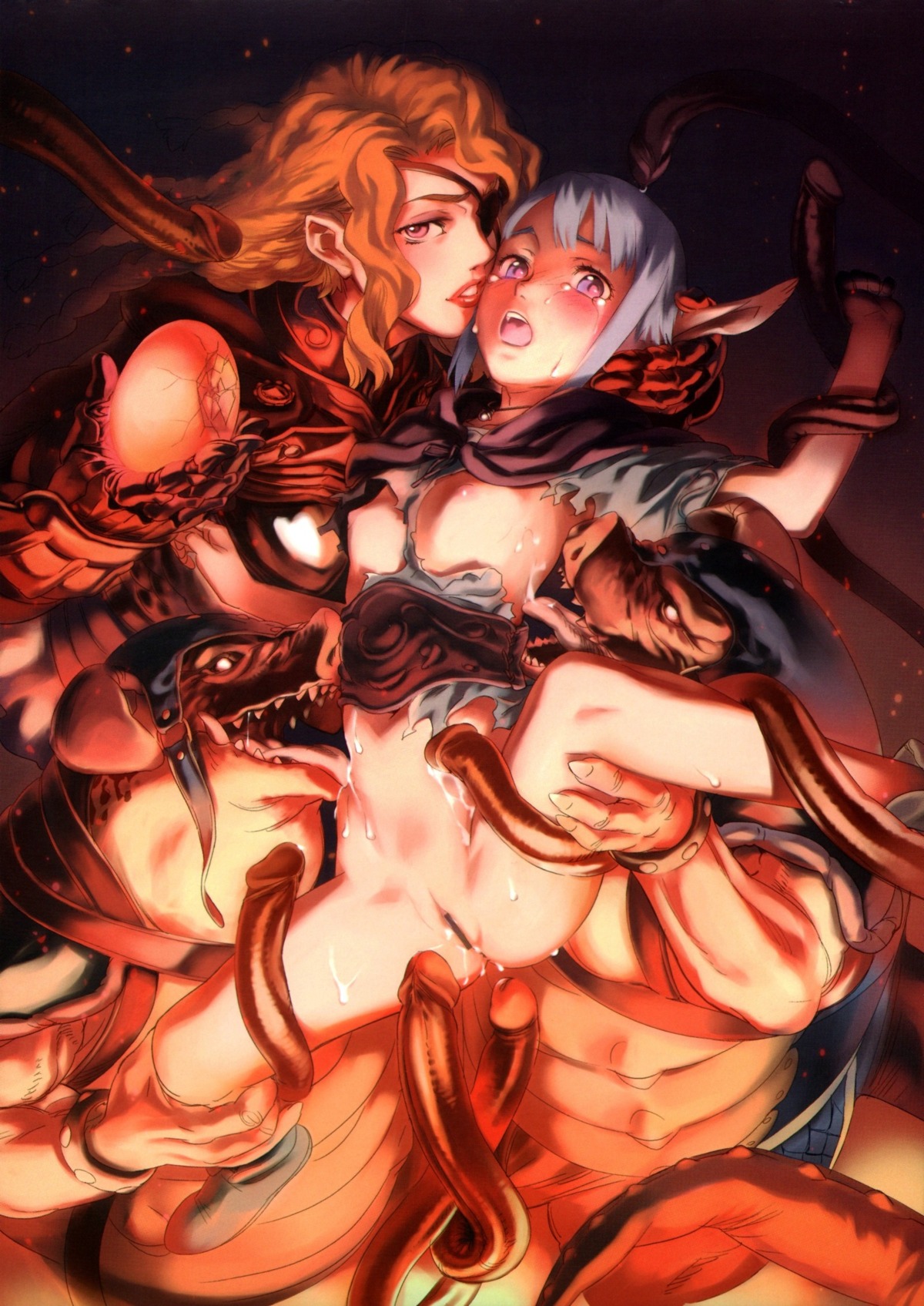 bottomless censored cum elf female male monster nipples nishieda nopan oppai penis pettanko pointless_censoring pussy rule34 tagme tentacle torn_clothes vagina