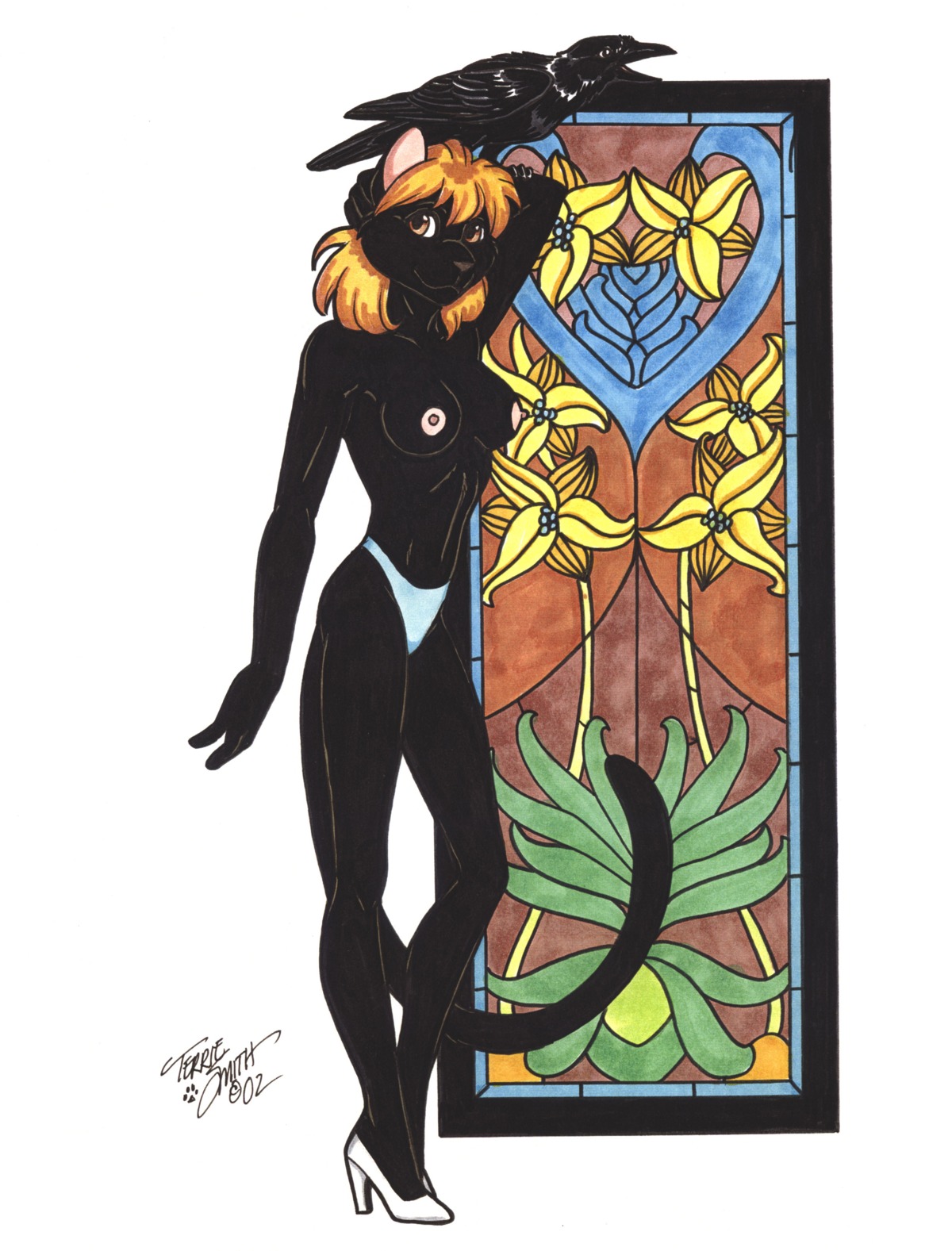 avian bird breasts crow feline female furries_with_pets furry high_heels high_resolution panther panties pet rule34 terrie_smith topless underwear