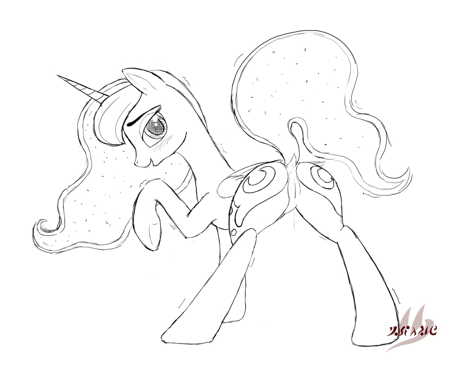 2013 blush butt cutie_mark drake_drachenlicht e621 equid equine feathered_wings feathers female feral friendship_is_magic genitals hasbro hi_res horn looking_at_viewer looking_back mammal monochrome my_little_pony mythological_creature mythological_equine mythology presenting presenting_hindquarters princess princess_luna_(mlp) raised_tail royalty simple_background sketch smile solo tail vulva wet white_background winged_unicorn wings