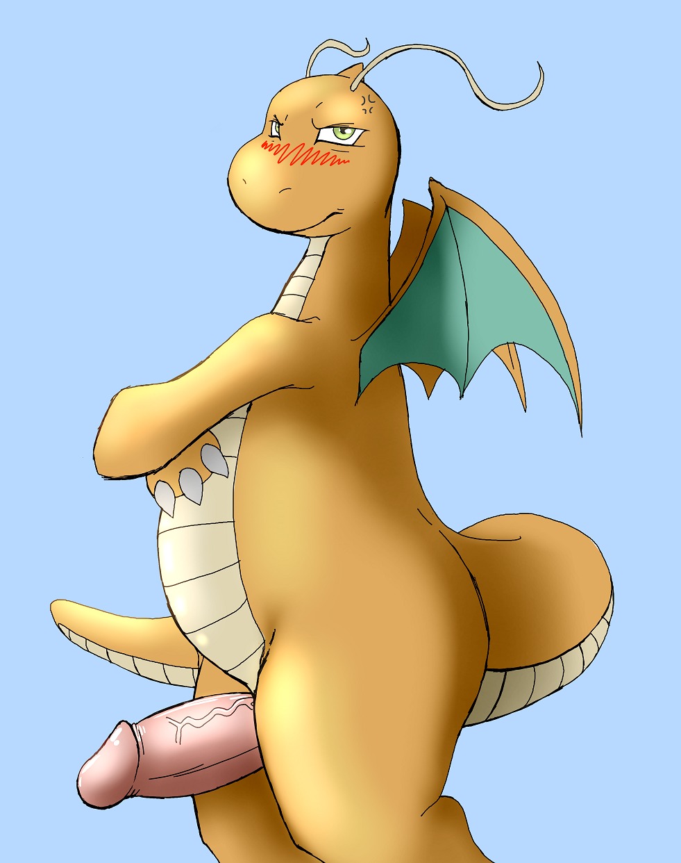 angry annoyed antennae_(anatomy) anthro big_penis biped blue_background blush claws crossed_arms dark-moltres dragon dragonite e621 erection generation_1_pokemon genitals green_eyes half-closed_eyes hi_res humanoid_genitalia humanoid_penis looking_at_viewer male membrane_(anatomy) membranous_wings mythological_creature mythological_scalie mythology narrowed_eyes nintendo nude orange_body orange_skin overweight overweight_anthro overweight_male penis pink_penis pokemon pokemon_(species) pose scalie simple_background slightly_chubby solo standing tail thick_tail vein veiny_penis wings