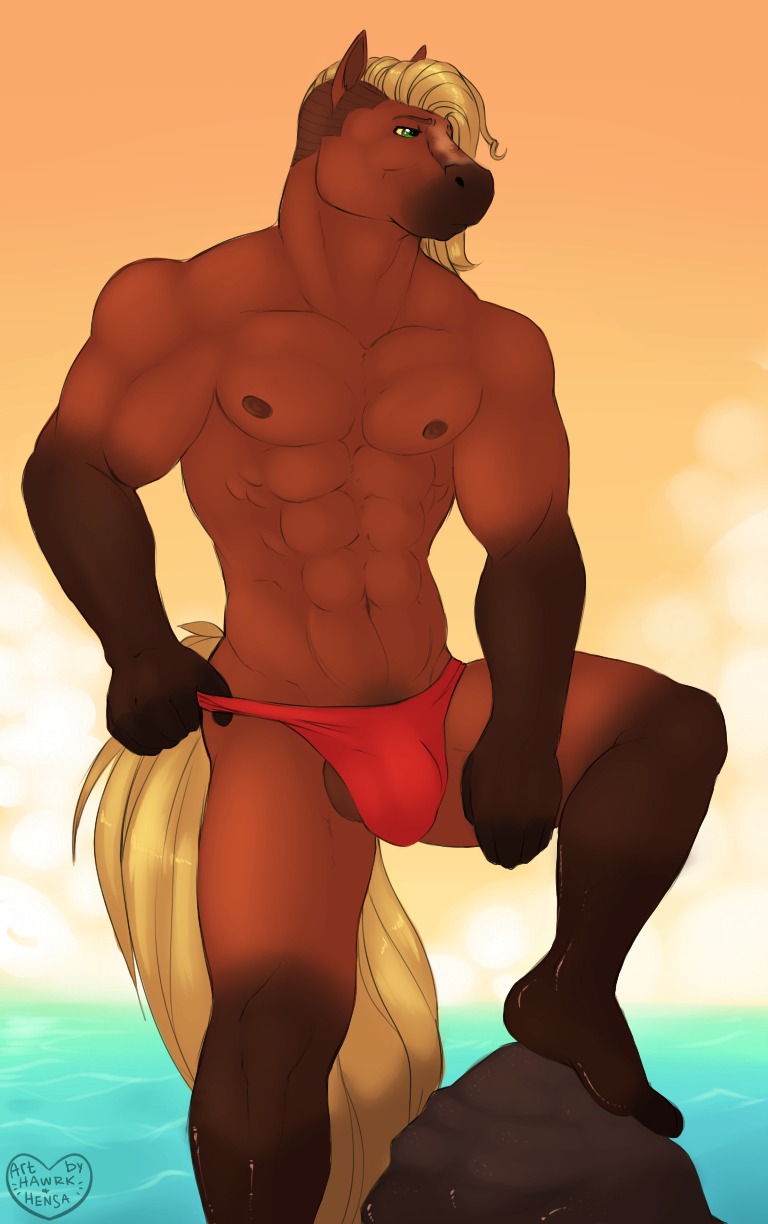 abs anthro artist_collaboration balls biceps biped blonde_hair brown_body brown_fur bulge clothed clothing digital_media_(artwork) e621 equid equine feet fur genitals green_eyes hair hawrk hi_res hindpaw horse humanoid_feet male mammal muscular muscular_anthro muscular_male nipples paws pecs plantigrade pose solo speedo standing swimwear tail topless waitress_(artist)