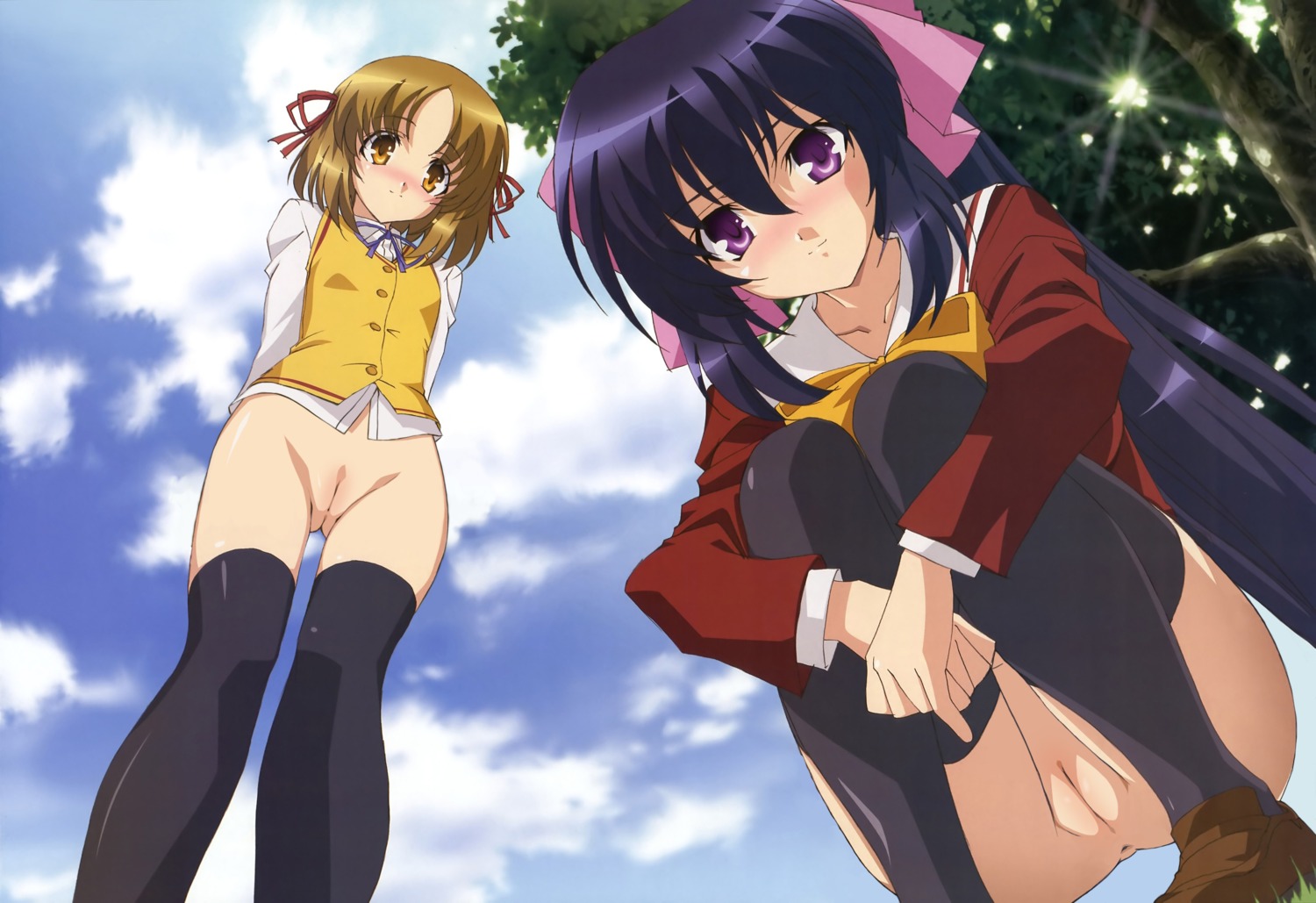 2d 2girls ass day daytime female female_only from_below highres himari_noihara_(omamori_himari) human human_female human_only isono_satoshi kuzaki_rinko_(omamori_himari) legs light-skinned_female light_skin miniskirt multiple_females multiple_girls no_panties nude_filter omamori_himari outdoors photoshop pointy_chin pussy rule34 school_uniform skirt thighs third-party_edit uncensored upskirt