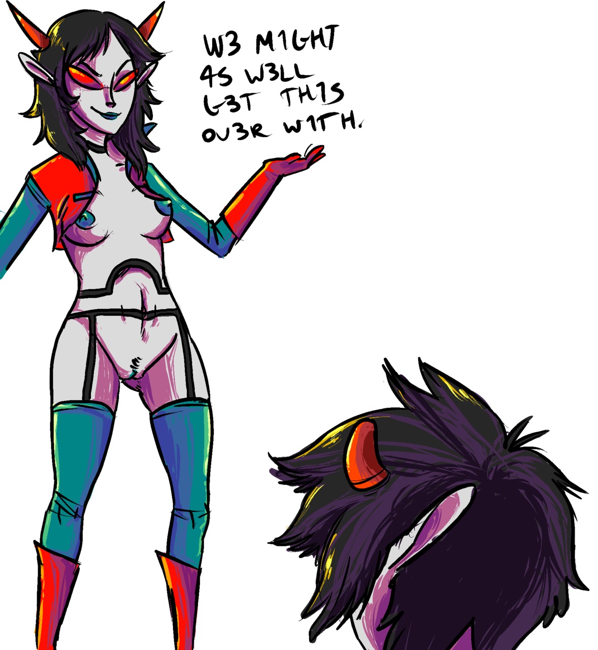 1boy 1girls ancestor_(homestuck) ancestors artist_request black_hair breasts breasts_out clothing dialogue female glasses gloves grey_skin homestuck horns leggings male ms_paint_adventures neophyte_redglare nipples pointy_ears pubic_hair pussy rule34 short_hair source_request straight teal_lips teal_nipples text the_sufferer troll webcomic white_background