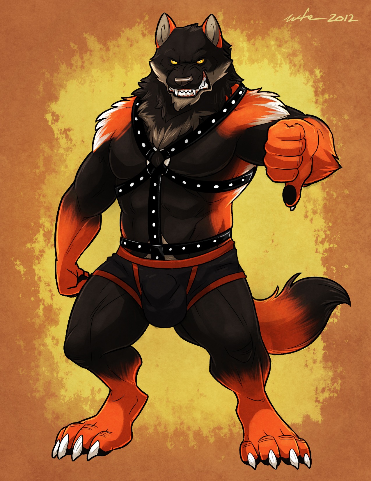2012 4_toes 5_fingers abs anthro balls_outline biceps big_muscles briefs bulge canid canine canis claws clothing detailed_bulge dipstick_tail e621 fangs feet fingers fur genital_outline gesture hand_gesture hi_res looking_at_viewer male mammal markings muscular muscular_anthro muscular_male penis_outline pose signature solo spread_legs spreading tail tail_markings teeth thumbs_down toe_claws toes underwear wfa wolf
