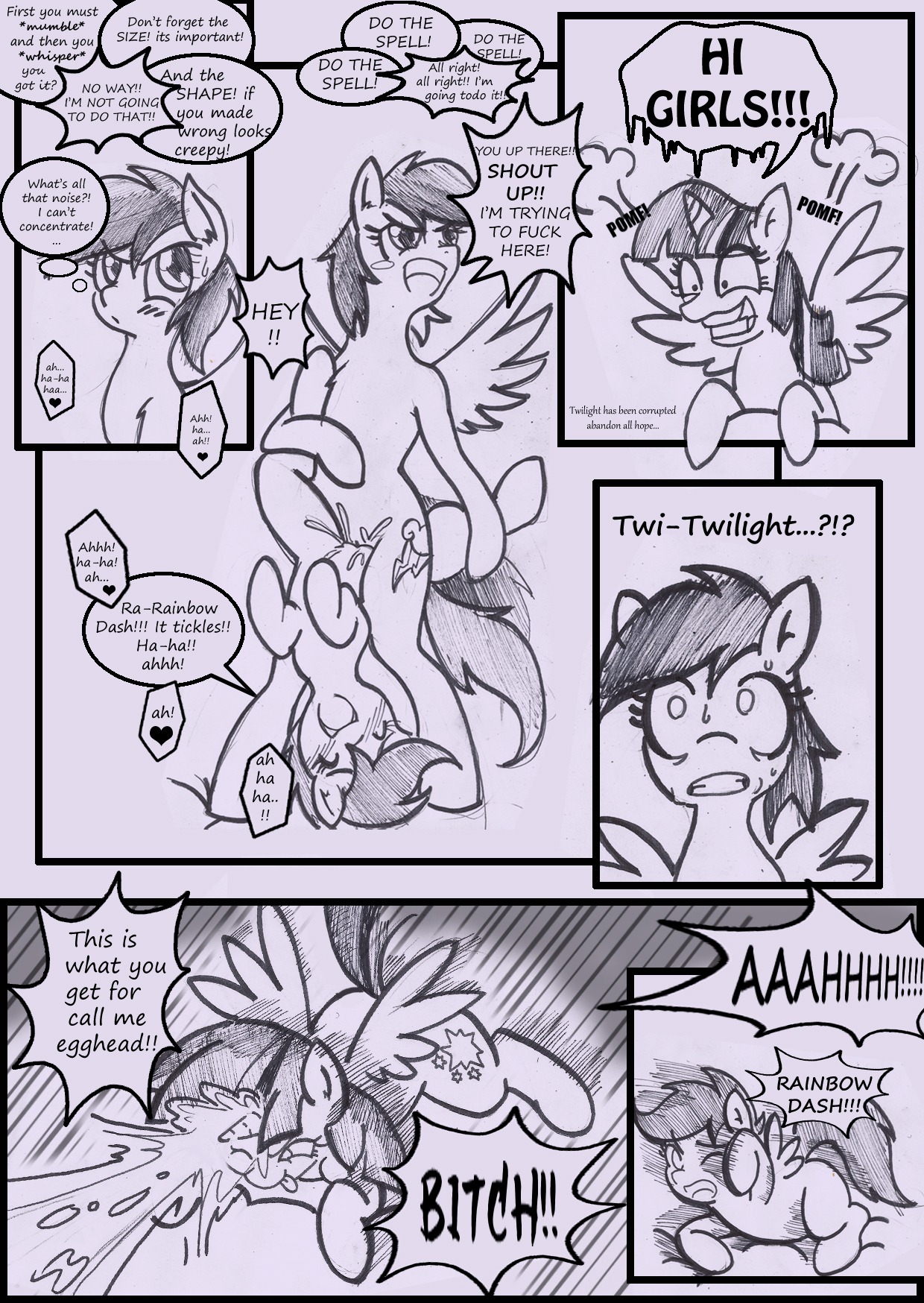 2013 anibaruthecat black_and_white blush bodily_fluids comic cutie_mark dialogue e621 english_text equid equine eyes_closed feathered_wings feathers female female/female feral friendship_is_magic fur genitals group hair hasbro heart_symbol hi_res horn magic mammal monochrome my_little_pony mythological_creature mythological_equine mythology one_eye_closed pegasus profanity rainbow_dash_(mlp) scootaloo_(mlp) sex smile sweat text traditional_media_(artwork) tribadism twilight_sparkle_(mlp) vaginal vulva winged_unicorn wings young young_feral