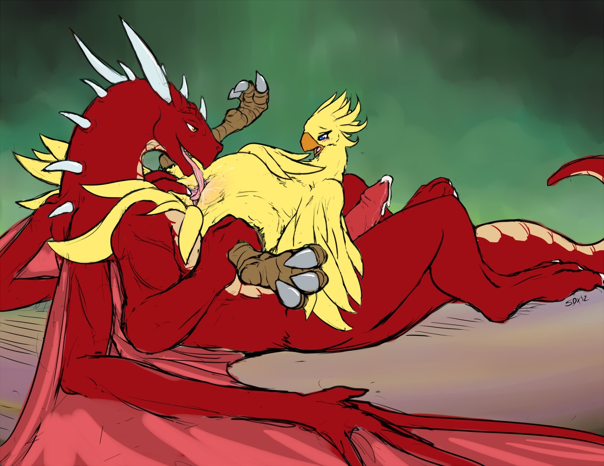 2012 anthro anthro_on_feral avian beak bestiality bird blush bodily_fluids chocobo clitoris cum cunnilingus dragon duo e621 erection feathered_wings feathers female feral final_fantasy genital_fluids genitals horn interspecies larger_male licking lying male male/female mythological_creature mythological_scalie mythology nude on_back oral penis red_body scalie sex size_difference smaller_female spread_legs spreading square_enix starman_deluxe tail tongue tongue_out vaginal vaginal_fluids vaginal_fluids_on_tongue vulva wings yellow_body yellow_feathers