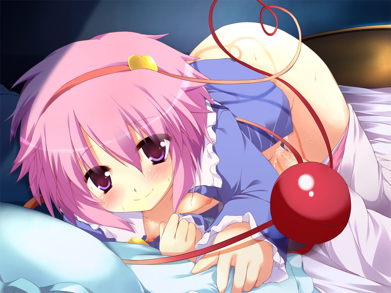 1girls after_sex bed blush cum cum_in_pussy cum_inside female flat_chest nanpuu nipples open_clothes open_shirt panties panty_pull pussy pussy_juice revision rule34 satori_komeiji shirt smile solo sweat touhou underwear