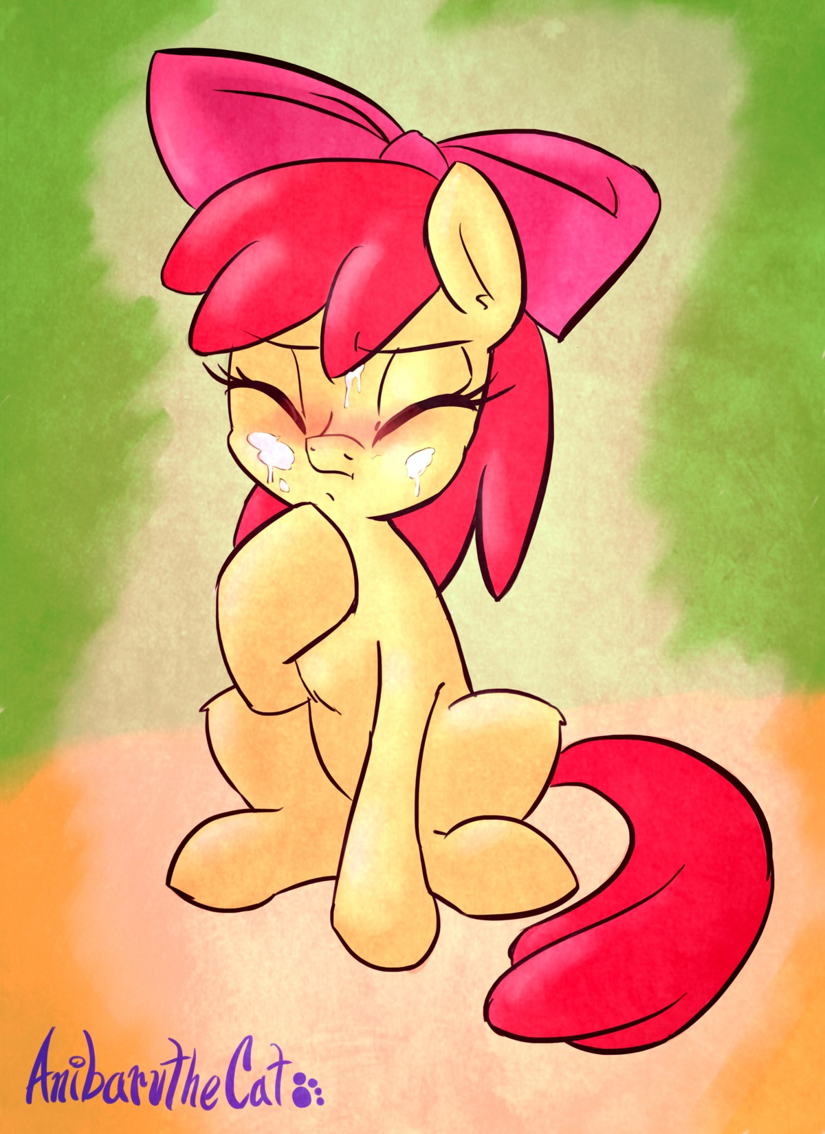 2014 absurd_res accessory anibaruthecat apple_bloom_(mlp) blush bodily_fluids bow_(feature) bow_accessory bow_ribbon cum cum_on_face digital_media_(artwork) e621 earth_pony equid equine eyes_closed female feral friendship_is_magic fur genital_fluids hair hair_accessory hair_bow hair_ribbon hasbro hi_res horse loli mammal my_little_pony pony red_hair ribbons solo yellow_body yellow_fur young young_female young_feral