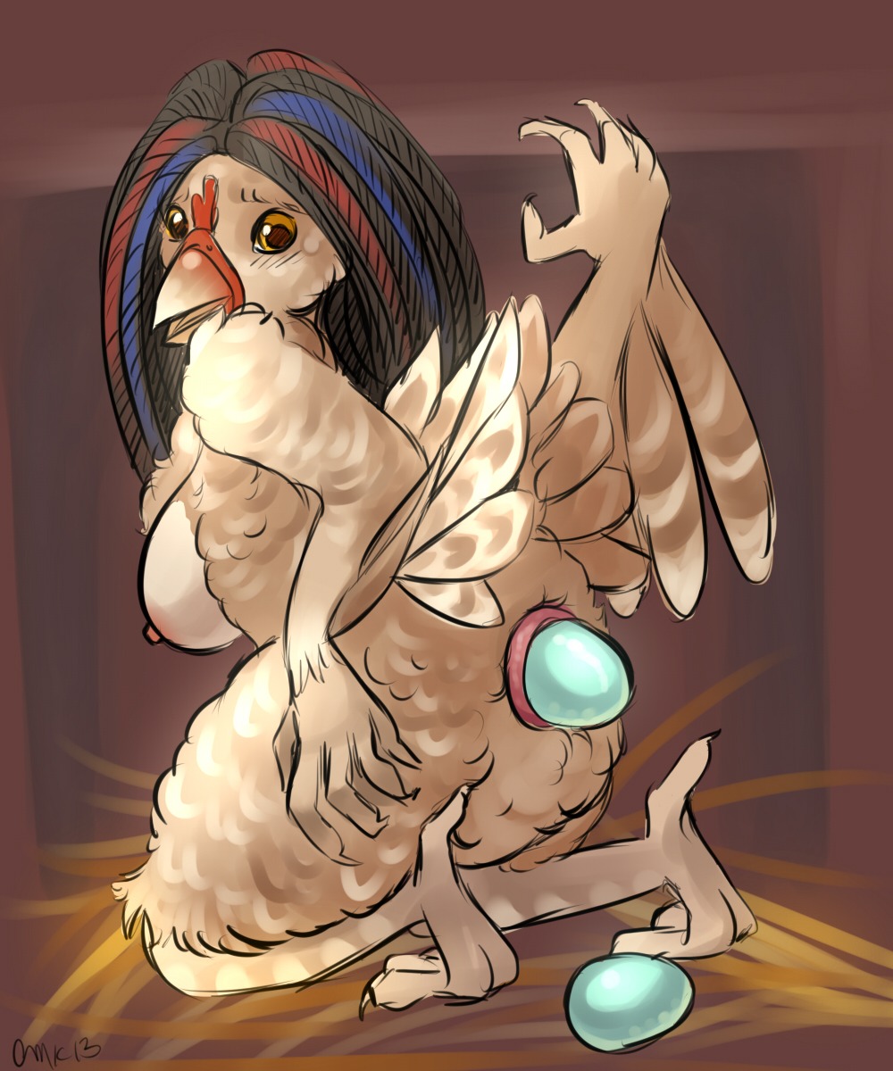2013 5:6 animal_genitalia anthro avian avian_butt beak bird blush breasts chicken cloaca e621 egg female galliform gender_transformation genitals hi_res looking_back mikakitty nipples non-mammal_breasts non-mammal_nipples oviposition phasianid pink_nipples solo transformation