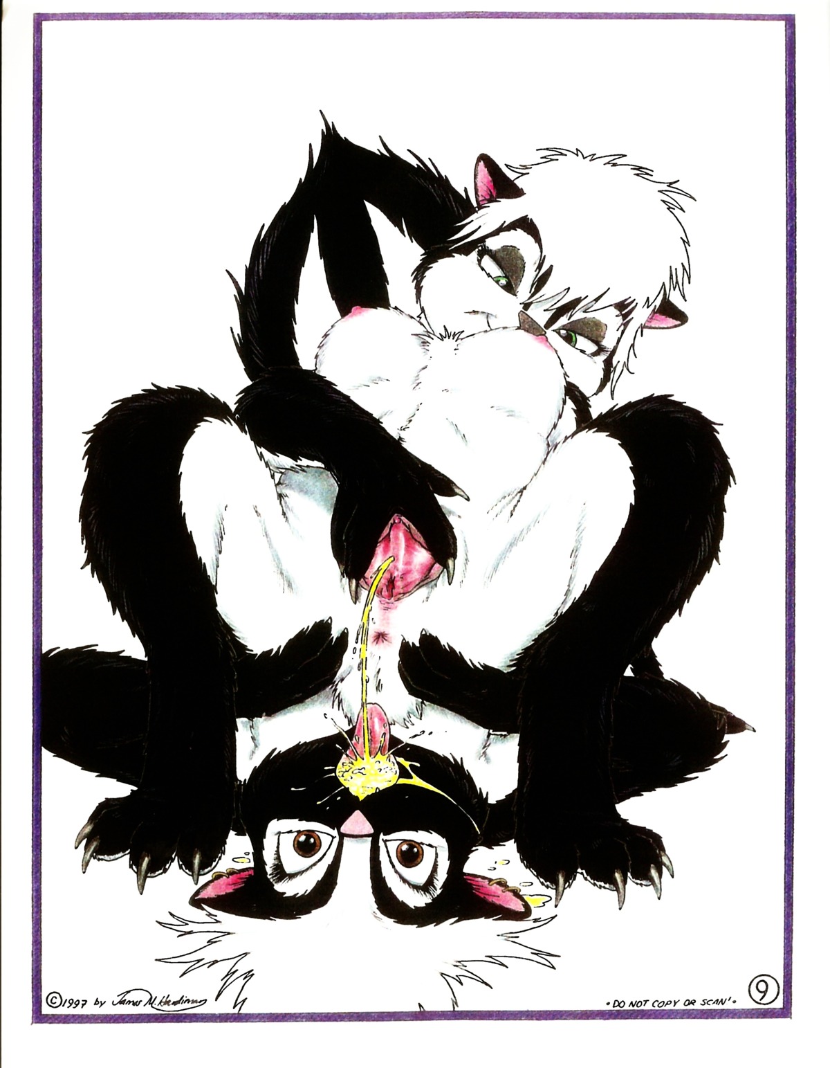 1997 4_toes absurd_res anthro anus barefoot black_body black_fur bodily_fluids breasts brown_eyes claws copyright_symbol duo e621 feet female female/female female_peeing female_urethra fur genital_fluids genitals hair half-closed_eyes hi_res incest_(lore) james_m_hardiman lori_(jmh) mammal mephitid narrowed_eyes nipples nude onyx_(jmh) peeing peeing_in_mouth peeing_inside perineum sibling_(lore) sister_(lore) sisters_(lore) skunk symbol tail toes urethra urine urine_in_mouth urine_stream vulva watersports white_body white_fur white_hair