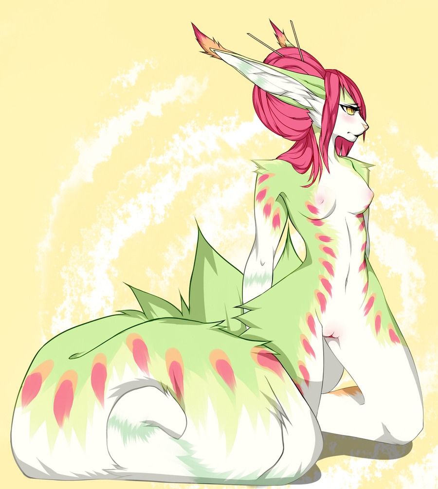 anthro breasts domestic_cat e621 felid feline felis female fur genitals green_body green_fur hair mammal red_hair smile-fox solo vulva