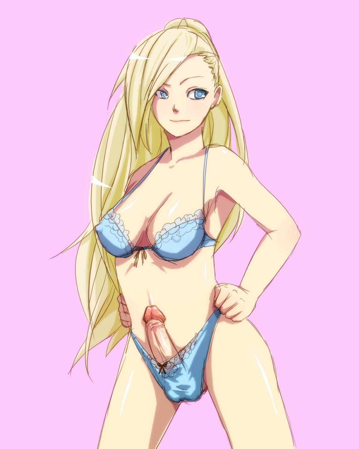 artist_request blonde_hair blue_bra blue_eyes blue_panties bra futanari ino_yamanaka intersex naruto naruto_(series) panties rule34 solo_futa