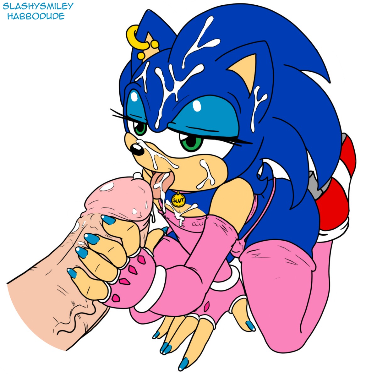 1:1 anthro blue_body blue_fur blue_hair bodily_fluids clothed clothing colored_nails crossdressing cum cum_on_face disembodied_penis duo e621 ear_piercing erection eulipotyphlan femboy footwear fur genital_fluids genitals green_eyes habbodude hair handjob hedgehog hi_res kneeling male male/male mammal nails orgasm penile penis piercing sega sex shoes slashysmiley solo_focus sonic_the_hedgehog sonic_the_hedgehog_(series)