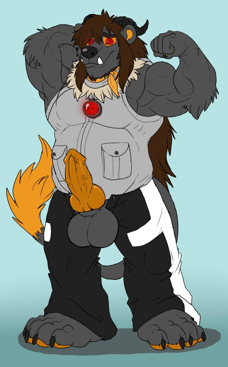 2013 absurd_res animal_genitalia animal_penis anthro arody balls bear biceps big_balls big_muscles big_penis biped black_nose bottomwear canine_genitalia canine_penis claws clothing dark_body dark_fur demon e621 erection fangs felid flexing fur genitals grey_body grey_fur grin hair hand_behind_head hi_res horn jacket jewelry knot knotted_penis lion long_hair male mammal manly musclegut muscular muscular_anthro muscular_male naiwi necklace nervous orange_body orange_fur orange_penis pantherine pants pawpads paws pecs penis pose presenting red_eyes sheath shy silly slightly_chubby smile solo standing sun_bear teeth toe_claws topwear ursine vein