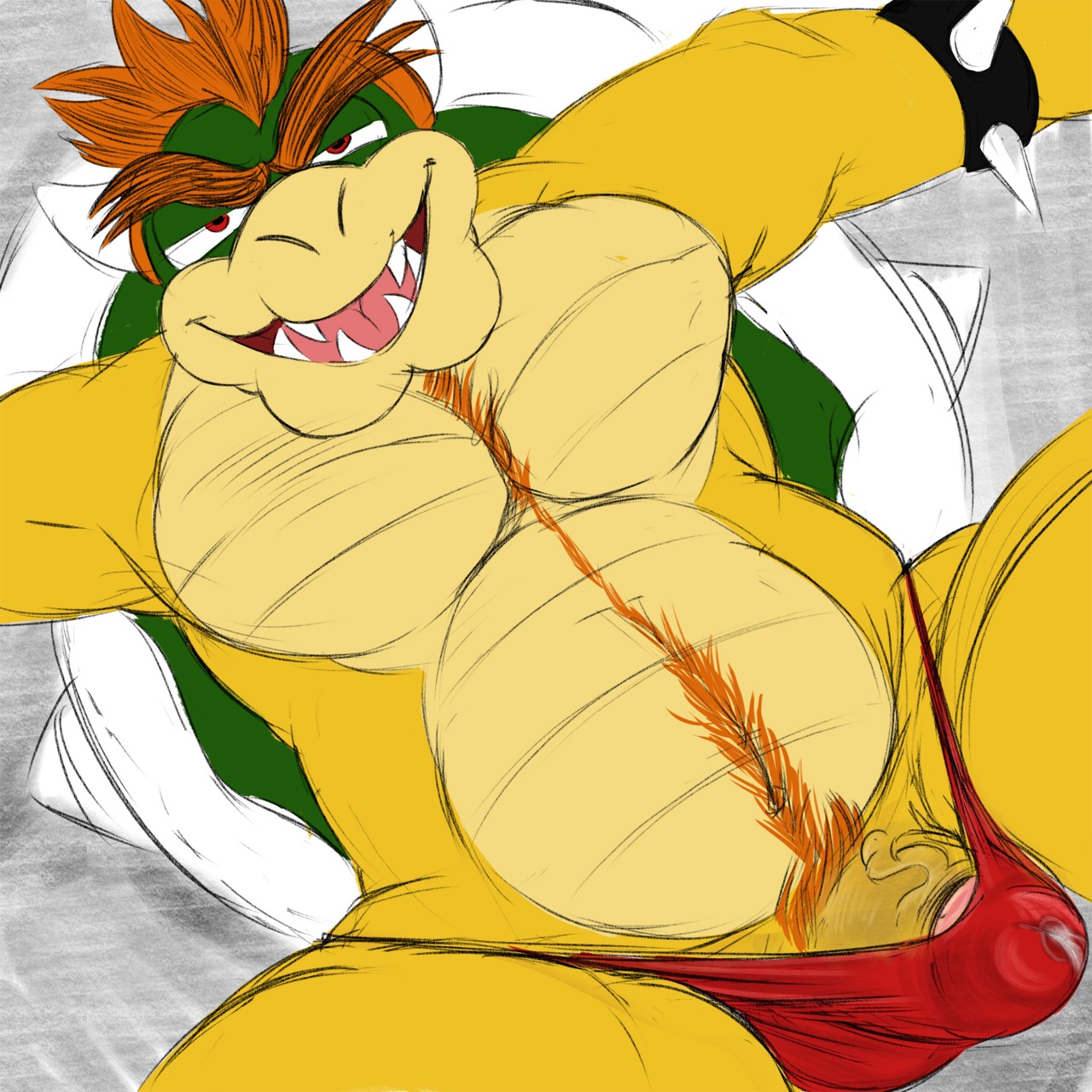 1:1 anthro barely_contained barely_contained_penis belly biped body_hair bowser bulge clothed clothing darkened_genitalia dragon_koopa e621 erection erection_under_clothing genitals hair happy_trail hi_res jerseydevil koopa looking_at_viewer lying male mario_bros nintendo on_back overweight overweight_anthro overweight_male penis presenting pubes reptile scalie smile solo spikes tenting thong underwear vein veiny_penis