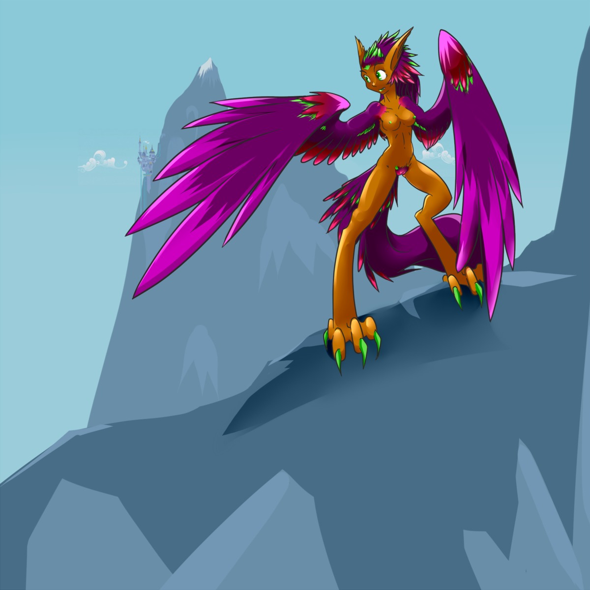 1:1 anthro avian breasts casual_nudity colorful_theme e621 european_mythology feathered_wings feathers female greek_mythology harpy hasbro hi_res my_little_pony mythological_avian mythological_creature mythology non-mammal_breasts nude outside severus solo tail wings