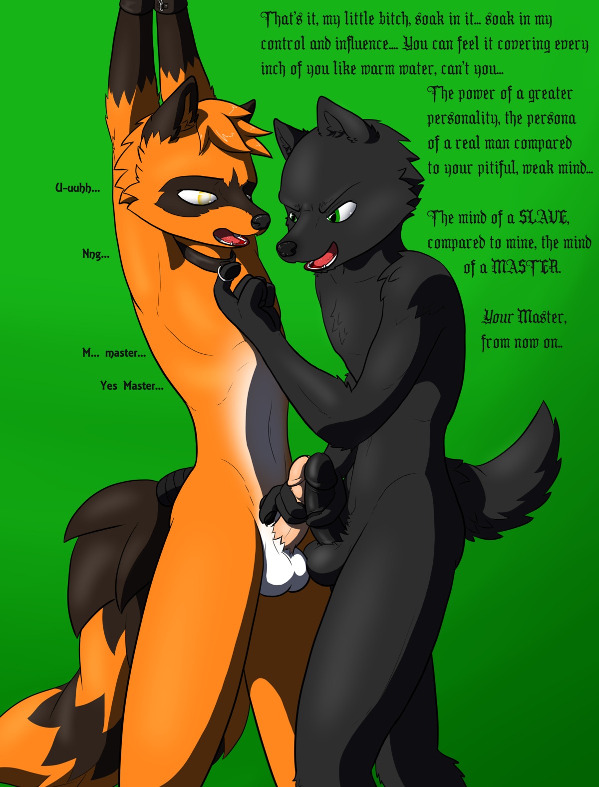 5_fingers >:d absurd_res anthro balls bdsm black_body black_eyes black_fur black_nose black_penis black_skin bondage bound brown_body brown_fur canid canine canis chain collar cuff_(restraint) dialogue dirty_talk dominant dominant_male duo e621 ellipsis english_text erection fingers fur genitals glistening green_background green_eyes hair handcuffs handjob hi_res insult male male/male mammal master masturbation metal_cuffs mind_control navel nx-42 open_mouth orange_body orange_fur orange_hair pawpads paws penile penile_masturbation penis penis_grab pink_body pink_penis pink_skin raised_arm restraints sex shadow sharp_teeth simple_background standing submissive submissive_male tail teeth text tongue vein white_body white_fur wolf yellow_eyes