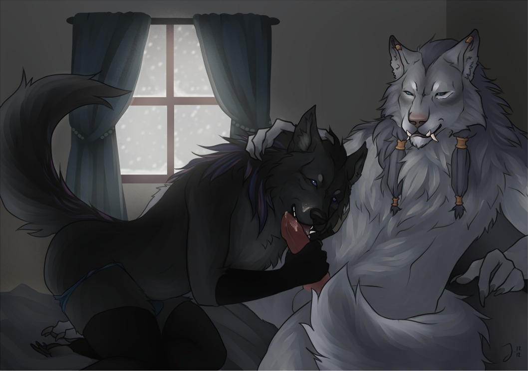2012 anthro armwear bed black_body black_fur black_hair black_nose blizzard_entertainment blue_eyes braided_hair canid canine canis claws clothing duo e621 elbow_gloves erection fangs fellatio femboy fur furniture genitals gloves grey_body grey_fur grey_hair hair handjob handwear inside legwear licking male male/male male_penetrated male_penetrating male_penetrating_male mammal nude open_mouth oral panties penetration penile penis penis_lick piercing sex smile snow tail teeth thejinxess thigh_highs tongue tongue_out underwear warcraft werecanid werecreature winter worgen