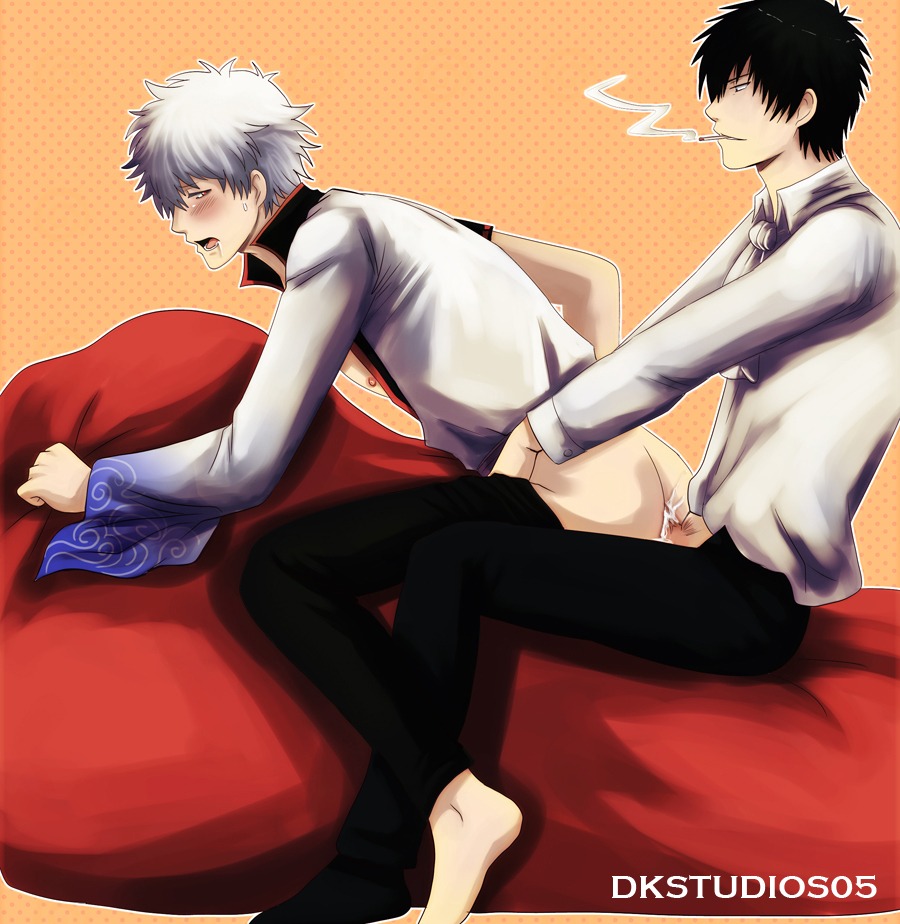 2boys anal anal_sex anus ass balls barefoot black_hair black_pants blue_eyes blush cigarette couch cum cum_in_ass cum_inside dk_studios doggy_style ejaculation footwear gay gintama gintoki_sakata hijikata_toshiro male male_only multiple_boys multiple_males nipples open_clothes open_mouth open_shirt pants_down penis polka_dot polka_dot_background red_eyes rule34 samurai sex smoking socks sofa sweat testicles text uncensored white_hair yaoi