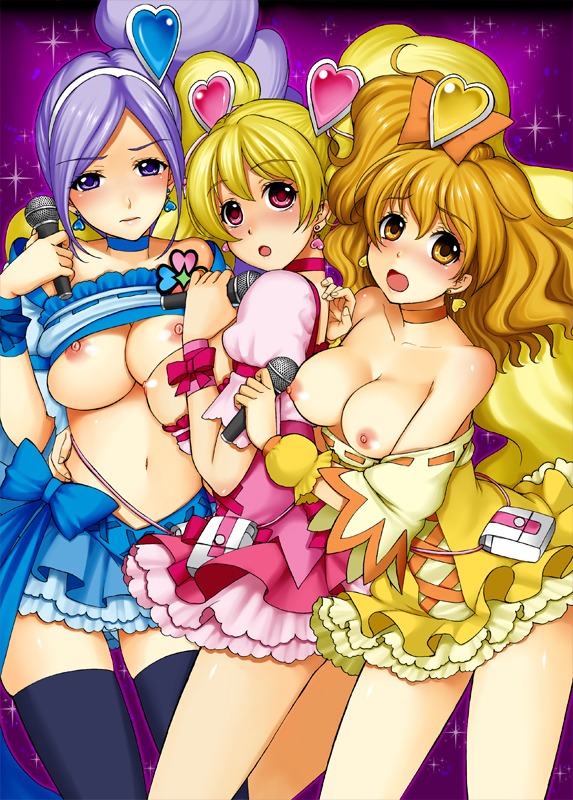 3girls aono_miki black_legwear black_thighhighs blonde_hair blue_eyes blue_hair breasts choker clothing cure_berry cure_peach cure_pine dress earrings female female_only fresh_precure! fresh_pretty_cure! frills fukurokouji heart jewelry long_hair magical_girl medium_breasts microphone momozono_love multiple_females multiple_girls nipples pink_eyes precure pretty_cure rule34 shirt shirt_lift skirt stockings thighhighs tied_hair twintails yamabuki_inori yellow_eyes