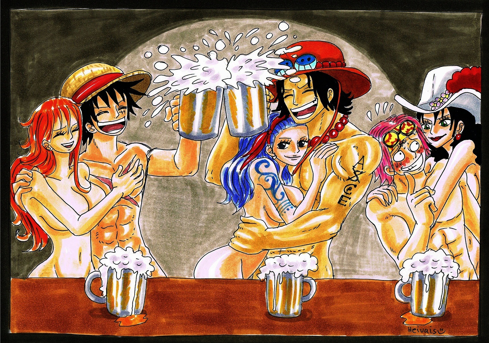 3boys 3girls abs alvida arm_tattoo beer big_breasts black-haired_female black-haired_male black_hair blue-haired_female blue_hair blue_tattoo breasts casual_nudity completely_nude covered_pussy female hat heivais koby_(one_piece) large_breasts long_hair male monkey_d_luffy muscular muscular_male nami_(one_piece) nojiko nude nude_female nude_male one_piece orange-haired_female orange_hair pink-haired_male pink_hair portgas_d_ace post-timeskip pussy rule34 smile straw_hat tattoo