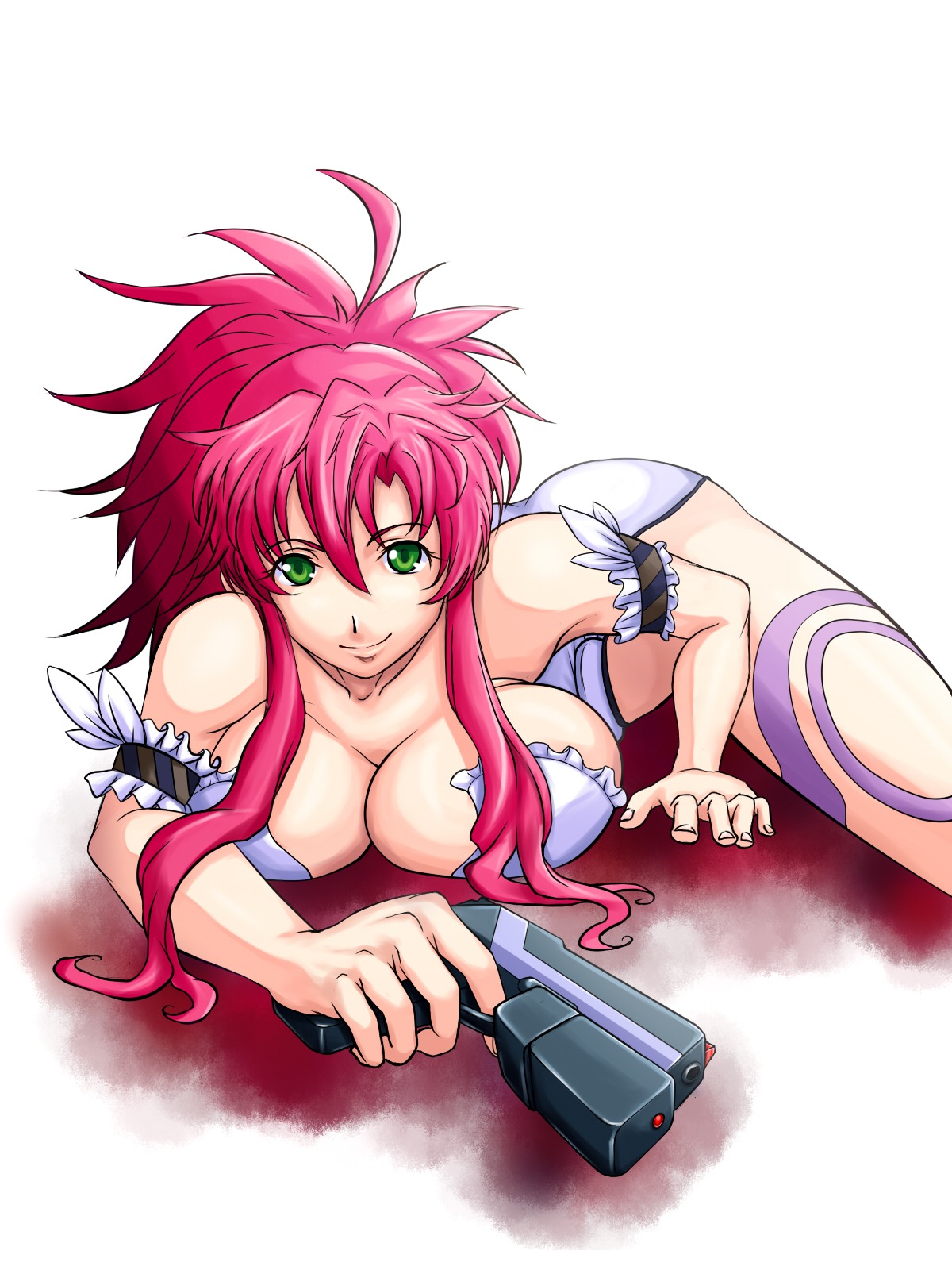1girls arm_strap armband armlet breasts cleavage female green_eyes gun handgun holding_gun holding_weapon large_breasts long_hair looking_at_viewer luna_himeki pink_hair pistol ponytail rule34 simple_background smile solo tagme tattoo vanguard_princess weapon white_background