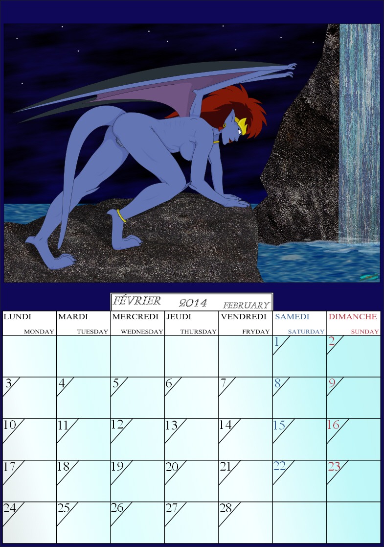 anklet breasts calendar calendar_graphic demona_(gargoyles) digitigrade disney e621 fab3716 february_(month) female gargoyles genitals humanoid irl_trace jewelry membrane_(anatomy) membranous_wings night nipples nude pinup pose solo vulva water waterfall wings