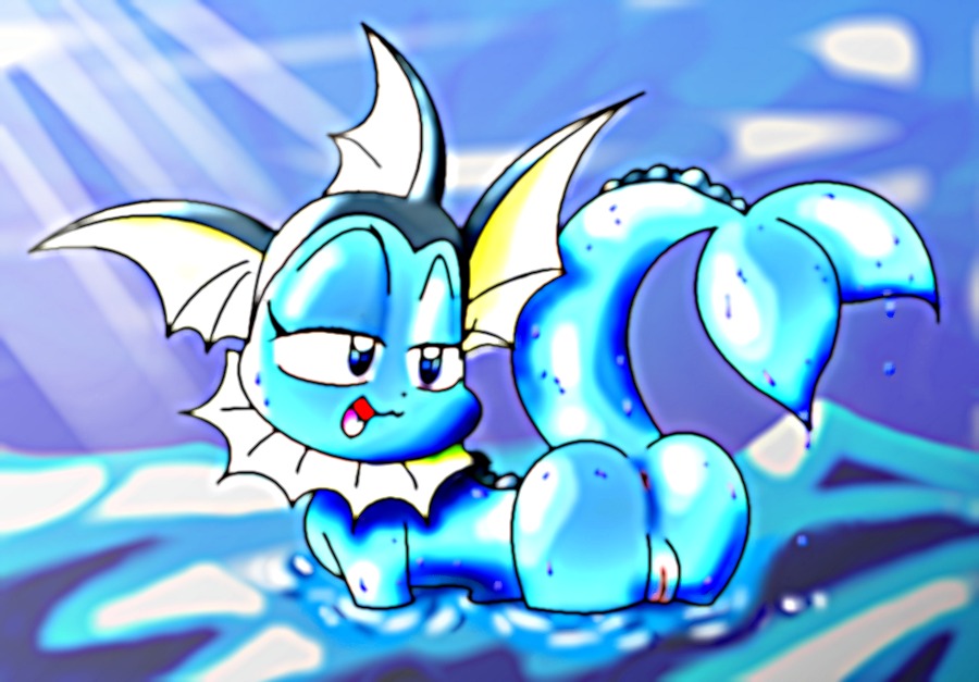 anus blue_eyes blue_theme e621 eeveelution female feral frill_(anatomy) generation_1_pokemon genitals legs_in_water looking_back membrane_(anatomy) membranous_frill neck_frill nintendo partially_submerged pokemon pokemon_(species) psyredtails raised_tail solo submerged_legs tail vaporeon vulva water